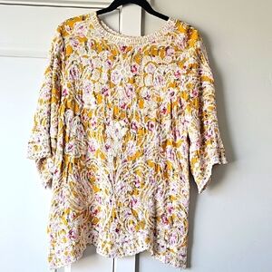 Anthropologie - Solitaire Floral Embroidered Blouse - Yellow, Ivory, and Pink